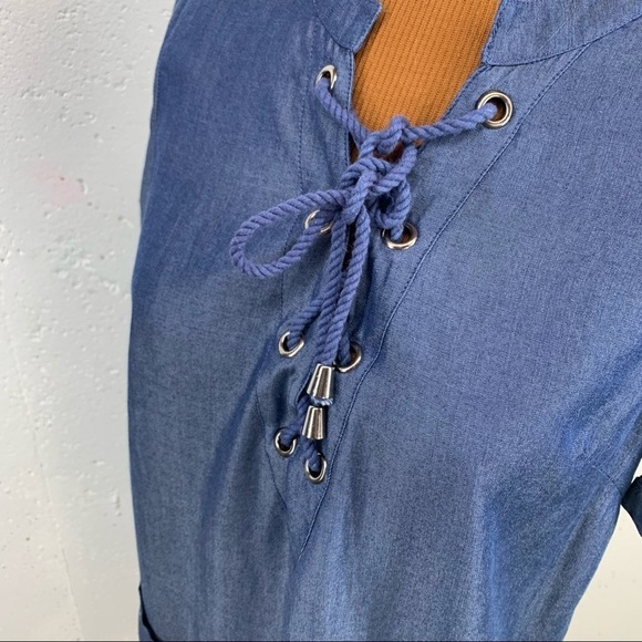 Lovers + FRIENDS size Small Lace Up V Neck Denim Shift Dress - Picture 9 of 13